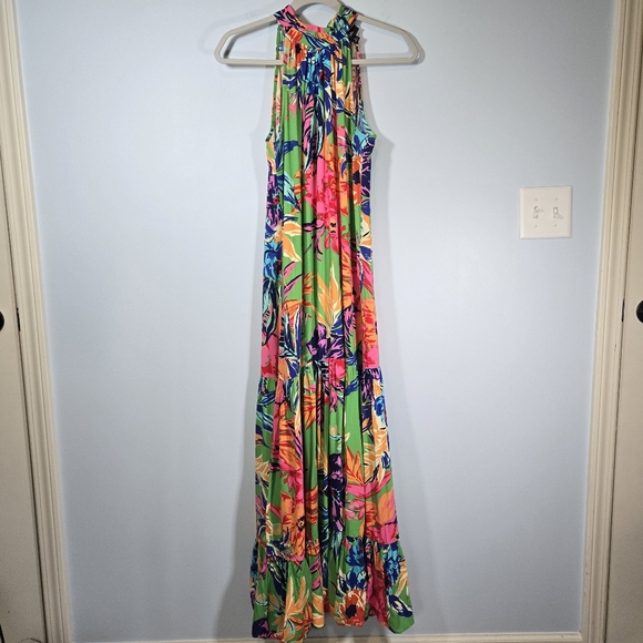 MSK Green Floral Maxi Dress Size Medium Halter Top Tiered Skirt Boho Summer - Picture 1 of 10